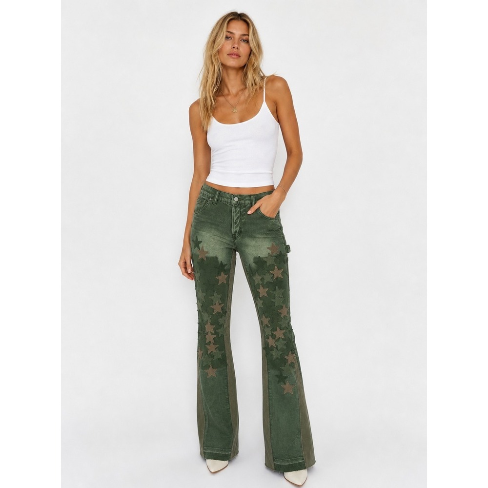mnml Green Star Patch Stacked Flare Jeans Distressed Carpenter Pants Womens 30